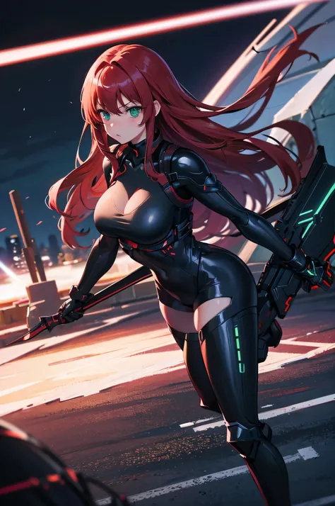 4k,High resolution,one woman,redhead,long hair,green eyes,big breasts,knight,tight black cyber suit,knightの鎧,knightのバイザー,long sword,city of the future,night background