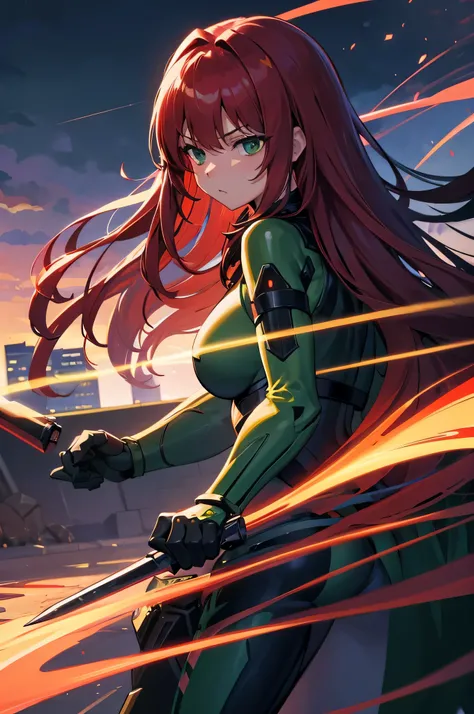 4k,High resolution,one woman,redhead,long hair,green eyes,big breasts,knight,tight black cyber suit,knightの鎧,knightのバイザー,long sword,city of the future,night background