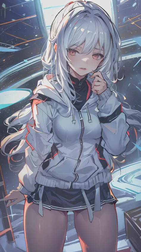 1 girl, jingliu \(collapse: star trails\), (((best quality))), white hair, blue hoodie, indoors, looking at the audience, white ...