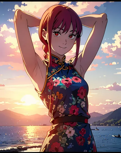 (masterpiece, best quality, high resolution, animescreencap, anime colored,), (perfect anatomy, beautiful detailed eyes, beautiful detailed body, beautiful breast, shiny skin), 1girl, red hair, side bangs, braided ponytail, medium breasts, smiling,red eyes...