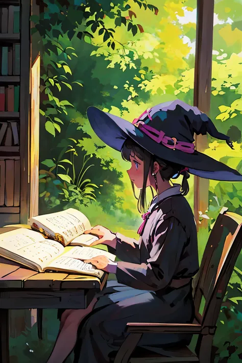 a portrait of a witch girl studyng, mystic environment