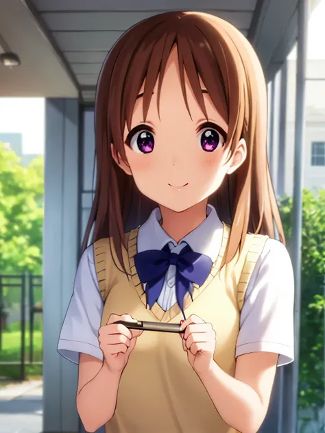 (((picture perfect))), 1girl, solo, ui hirasawa, school uniform, sweater vest, short sleeves, looking at viewer, smile