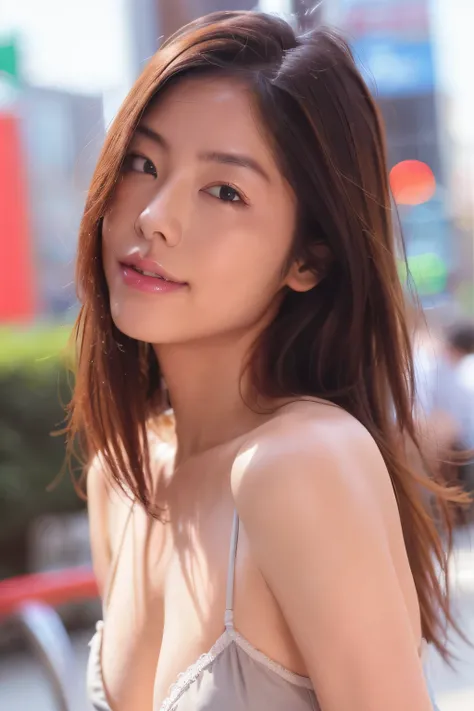 NSFW:1.3:((highest quality、8K resolution、master masterpiece、portrait:1.3)), Photoreal, 35mm film, 1 Japanese female,Beautiful woman, on the street during the day, wrinkles around the eyes,((sexy lingerie:1.3)) , (outdoors_city street: 1.3), jumbled backgro...