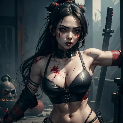 1 girl, sexy, beautiful samurai, katana, samurai, muscular abs, navel, fantasy, sensual, cropped corset goth top, beautiful asian goth girl, sexy, deep navel, heavy goth makeup, armpit, fighting, sweaty skin, navel pierced, blood, wounded, undead, red bloo...