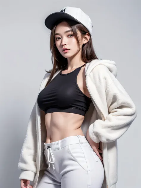 (8k, highest quality, High resolution, RAW photo, masterpiece :1.3), beautiful and stylish adult woman, long face, ((pure white background)), (fleece jacket, Sukesuke bra, wide pants, have), ((Accurately express details such as faces and skin textures)), w...