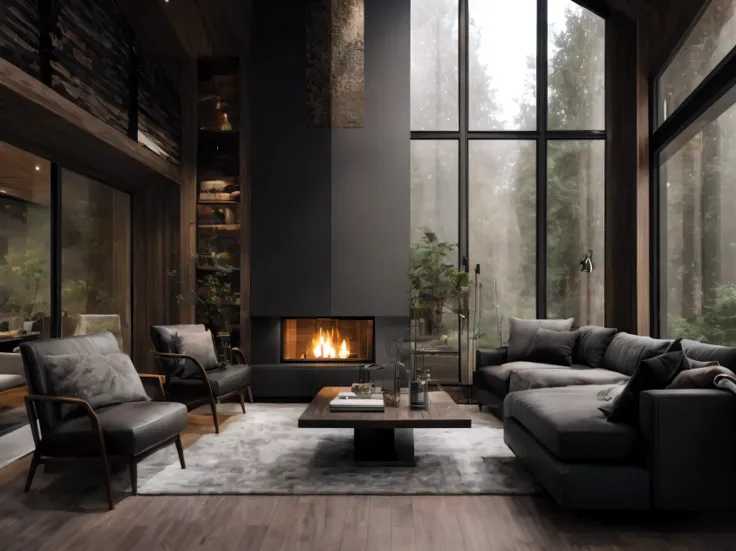 arafed living room with a fireplace and a couch and chairs, cozy contemporary living room, warm interior, minimalistic house in ...