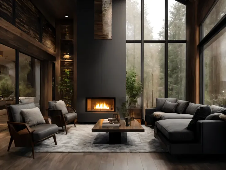 arafed living room with a fireplace and a couch and chairs, cozy contemporary living room, warm interior, minimalistic house in ...