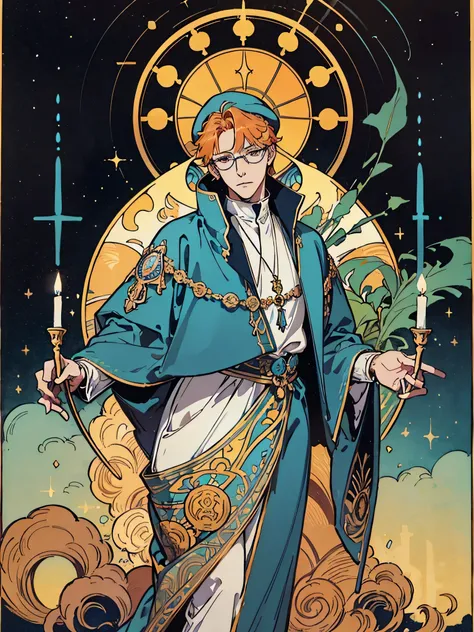 (Flat color:1.1),(Colorful:1.3),(Masterpiece:1.2), tarot: Priest, Best quality, Masterpiece, Original, 1 male, orange hair, round gold glasses, white goatee, a priest, blue robes, blue cap，Full body photo of men，Very detailed wallpaper,Solo，Blue starry sky...