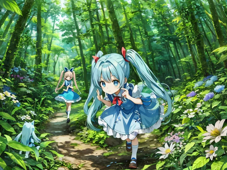 alice in wonderland　light blue long hair　Beautiful girl with twin tails　Chibi characters are also included.　looking at the camera　in a dense forest　running　A lot of beautiful flowers　there are many animals　