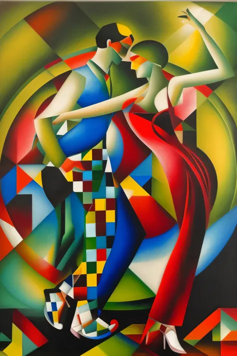 a painting of a couple dancing in a dance pose, Geórgui Kurasov, por Dahlov Ipcar, por Jean Metzinger, marcel marcel and Metzinger, art deco painting, por Rodolfo Escalera, cubistas adoram, ( ( ( art deco ) ) ), Enoque Bolles, inspirado por Alexander Archi...