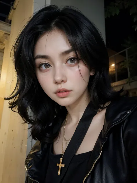 arafed woman with black hair and a cross necklace standing in front of a building, black hair and large eyes, charli xcx, pale-skinned persian girl, she has black hair, charli bowater, pale skin and dark eyes, young beautiful amouranth, 1 7 - year - old go...