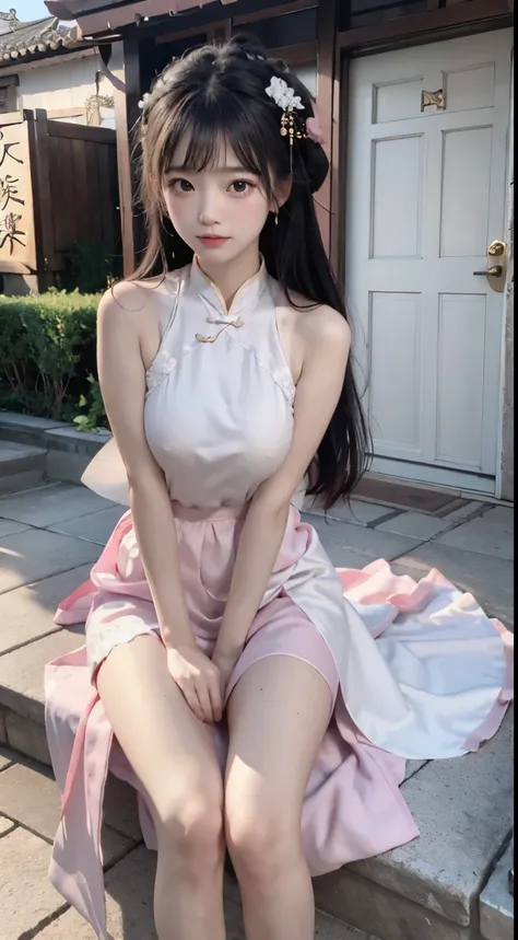 Master quality, highest quality, best picture quality, exaggerated details, a princess cute 10year old asian  with a shy expression, slightly squinted eyes, adjusting her hair, long eyelashes (long hair / very, very exaggerated big breasts, big tits / in p...