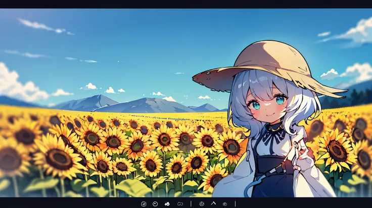 best quality，（cute：1.1），（cute），（High resolution：1.2），ผู้หญิงcute , Wear a white hat. ,In the middle of a field of sunflowers, go for a walk, Look over here., smile, shy, white hair, sunny day, background mountain, blur background