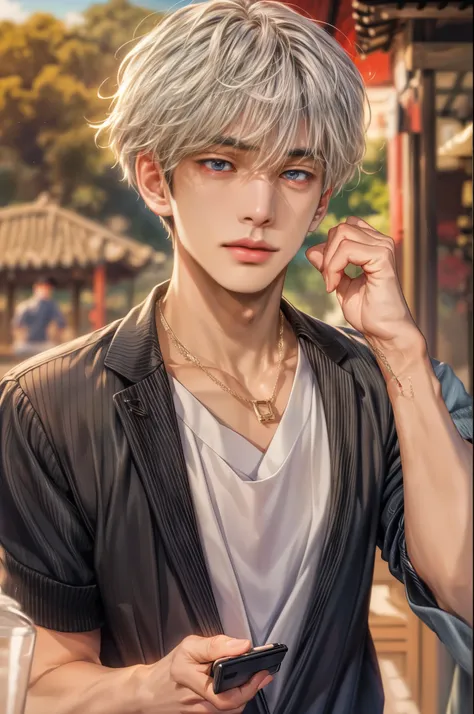 (absurdres, highres, ultra detailed, HDR), masterpiece, best quality, Netflix series Singles Inferno character, handsome young boy, short hair, korean handsome face, anime eyes, detailed scenery of a private resort, detailed character