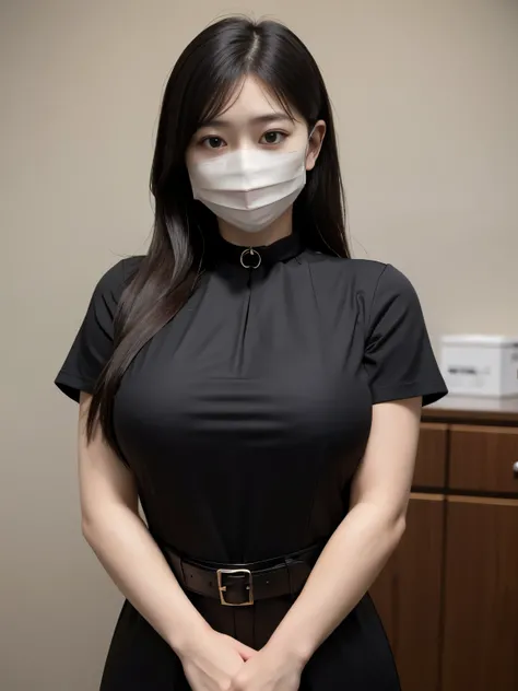 arafed woman in a black shirt and a white mask, wearing mask, wearing a mask, wearing facemask, one single mask, no face mask, surgical mask covering mouth, medical mask, mask, wearing collar, wearing all black mempo mask, masking, facemask, face mask, 8k)...