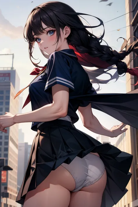 8K, flipping the skirt, white underwear, top quality, masterpiece, super detailed, super high resolution, girl, uniform, braided hair, make up, navy pleated skirt, strong wind, downtown