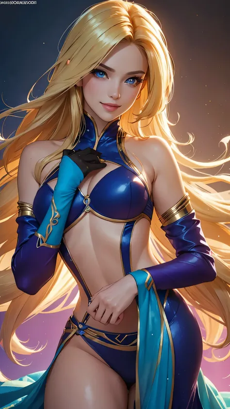 (best quality,ultra-detailed,photo-realistic:1.37),bright and vibrant colors,studio lighting,playful expression,stylish makeup,long blonde hair flowing in the wind,alluring eyes,glossy lips,sexy pose, X-men, 2099, smiling in a confident and seductive way,p...