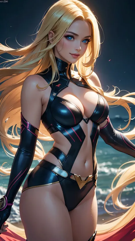 (best quality,ultra-detailed,photo-realistic:1.37),bright and vibrant colors,studio lighting,playful expression,stylish makeup,long blonde hair flowing in the wind,alluring eyes,glossy lips,sexy pose, X-men, 2099, smiling in a confident and seductive way,p...