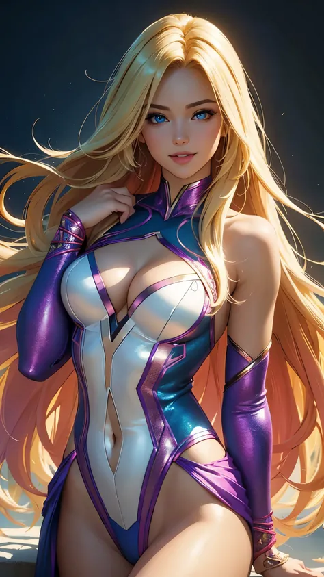 (best quality,ultra-detailed,photo-realistic:1.37),bright and vibrant colors,studio lighting,playful expression,stylish makeup,long blonde hair flowing in the wind,alluring eyes,glossy lips,sexy pose, X-men, 2099, smiling in a confident and seductive way,p...