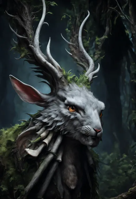 There was a huge horned beast standing in the dark forest..., disgusting mutant flesh creature, scary, disgusting, Highly detailed, There are complicated details.., Portrait of a rabbit, Very high detail, Realistic photos, 8k, UHD, very detailed, (dynamic ...