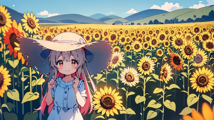 best quality，（cute：1.1），（cute），（High resolution：1.2），ผู้หญิงcute , Wear a white hat. ,In the middle of a field of sunflowers, go for a walk, Look over here., smile, shy, sunny day, background mountain, blur background, focus face