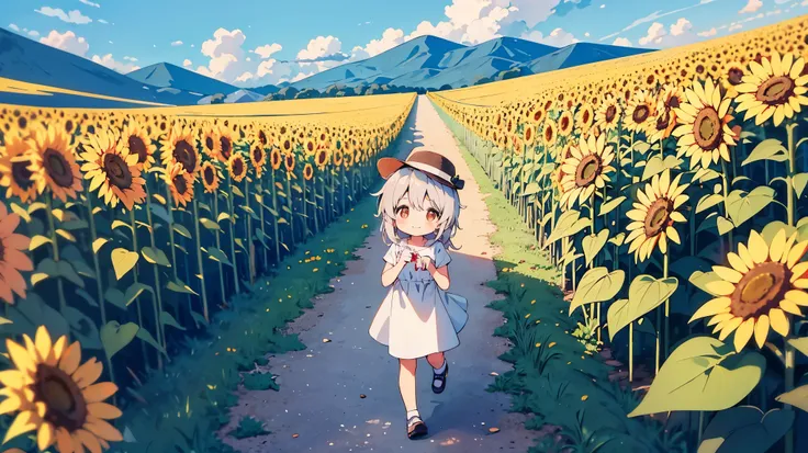 best quality，（cute：1.1），（cute），（High resolution：1.2），ผู้หญิงcute , Wear a white hat. ,In the middle of a field of sunflowers, go for a walk, Look over here., smile, shy, white hair, sunny day, background mountain, blur background, chibi