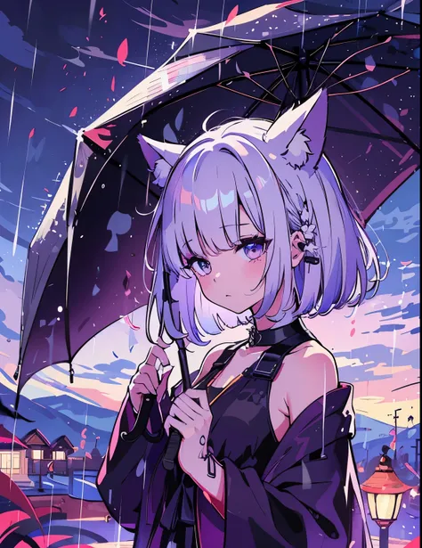 Girl with white hair and bob cut, black dress, wolf ears, praise, quiet, quiet雰囲気, look at the desert sky, night, quietnight, masterpiece,rain,umbrella