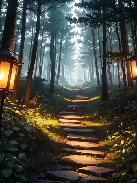 a path in the middle of a dark forest, long trees with tall crowns, bushes with hidden red eyes, (((the forest is very dark, with little visibility))), floating lanterns with little or almost no light, fireflies illuminate the path , some cherry blossoms, ...