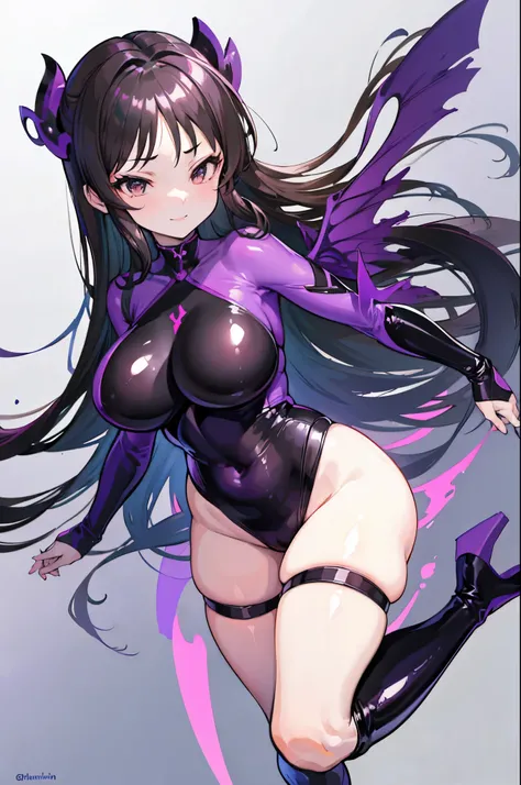 draw the face carefully　Anime style high quality face　big breasts　big butt　plump thighs　super shiny skin　black and purple full body suit　succubus　lure　smile　back view