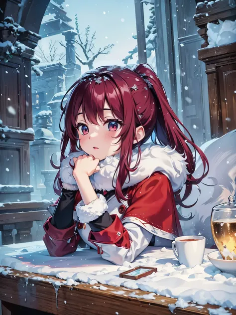 (snow art, snow theme:1.4), winter, big squirrel, dreamy fantasy art, chibi character girl、rococo art style, burgundy color, plum, where, (Best configuration), ultra wide angle, octane rendering, Strengthen, Complex, (highest quality, table top, master pie...