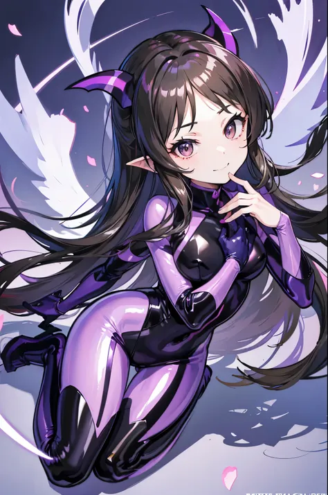 draw the face carefully　Anime style high quality face　super shiny skin　black and purple full body suit　succubus　lure　smile　crawl face down