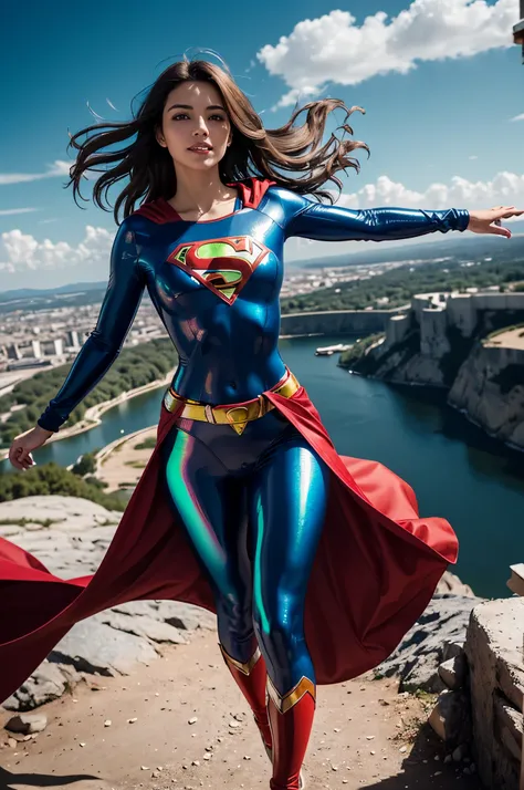 story of super woman in dc,a flying superwoman  soaring at the boundary of space and earth's sky, superwoman flying the sky, hig...