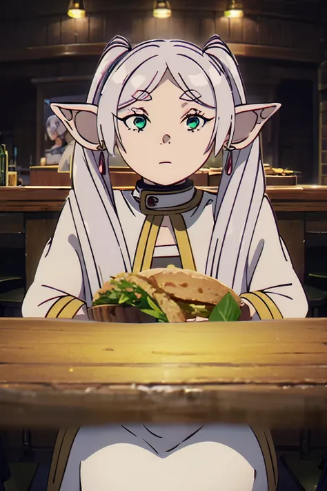 frieren, 1girl,solo,elf,white hair,grey hair,earrings,pointy ears,long hair,ponytail,green eyes,twintails,parted bangs,thick eyebrows, sitting at the table, in a bar