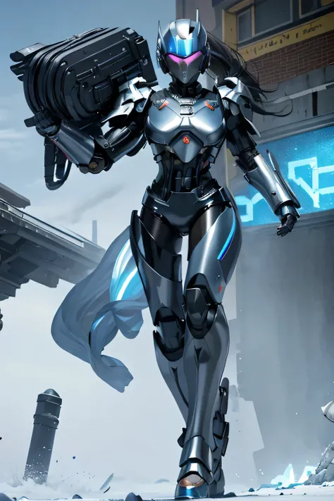 female robocop solo、Armor that completely covers the whole body、very large armor、helmet to hide eyes、rainbow armor、Armor that completely covers the chest、thin and long legs、Vibrant posel body view