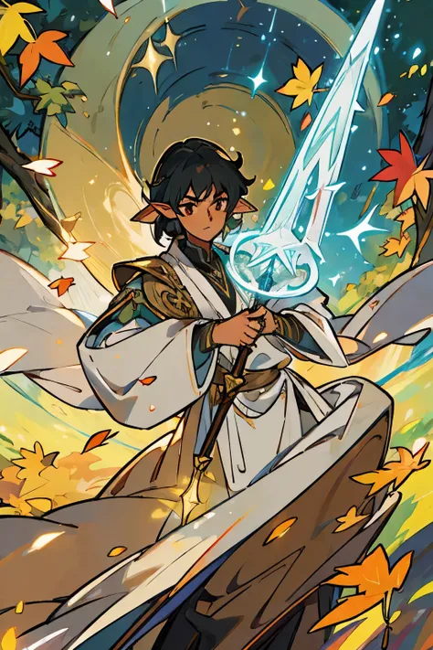 (best quality, realistic:1.37), male teen, elf, wizard, black hair, tan skin, glowing brown eyes, elegant robe, mystical aura, enchanted staff, magical forest background, autumn leaves swirling in the air, rays of soft sunlight filtering through the trees