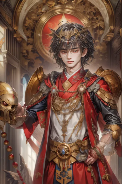 (absurdres, highres, ultra detailed, HDR), masterpiece, best quality, close-up picture of a Valkyrie Anatomia character, kokuyo, arbiter hrist, handsome young boy, short hair, korean handsome face, big eyes, red eyes, detailed scenery of a gnostic mansion ...