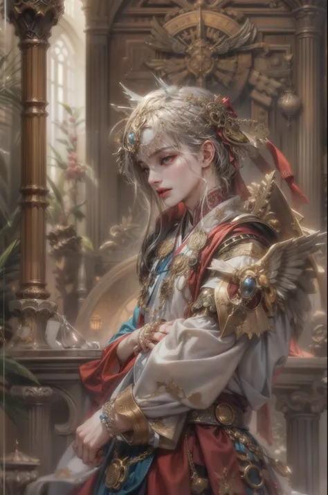 (absurdres, highres, ultra detailed, HDR), masterpiece, best quality, close-up picture of a Valkyrie Anatomia character, kokuyo, arbiter hrist, handsome young boy, short hair, korean handsome face, big eyes, red eyes, detailed scenery of a gnostic mansion ...