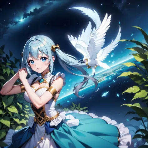 ((super detailed)), ((Best Illustration)), ((movie lighting)), dynamic angle, floating, Are you okay, (flash: 1.2), (shine: 1.2), (shine: 1.2), "(highest quality), Super detailed depiction of a beautiful girl, light blue long hair、twin tails、 adorable smil...