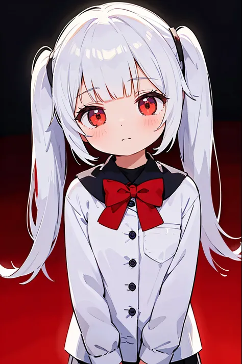 1girl, solo, twintails, blunt bangs,white Hair, Cute big eyes, small breasts, upper body, She stood up straight, her facial expression cute and expectant, Wearing formal school clothes, anime, cinematic lighting, UHD, super detail,Black and red background.