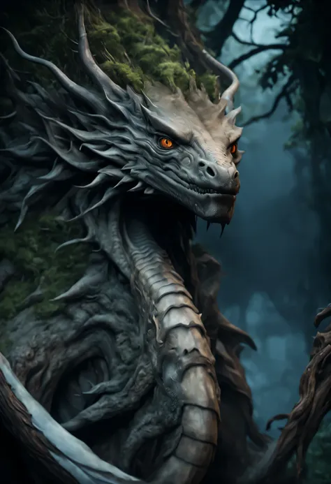 a huge dragon stood by the water in the dark forest.., the body is a tree root.., disgusting mutant flesh creature, scary, disgu...