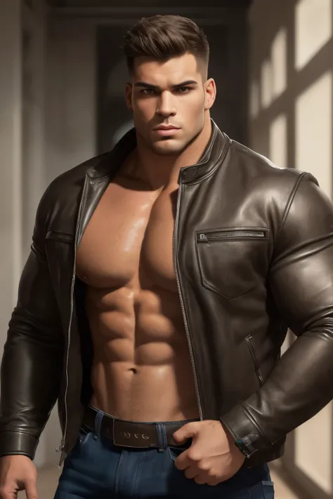 Photo of a massive college jock, raw power emanating from his chiseled physique, clad in a snug leather jacket that accentuates his immense size, ((Portrait)), ((Detailed face:1.2)), ((detailed facial features)), (sculpted jawline), (rippling muscles), tan...