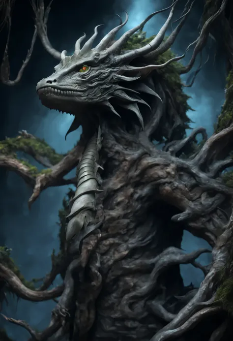 A huge dragon stood by the water in the dark forest.., The body is a tree root.., disgusting mutant flesh creature, scary, disgusting, Highly detailed, There are complicated details.., Portrait of a dragon, Very high detail, Realistic photos, 8k, UHD, very...