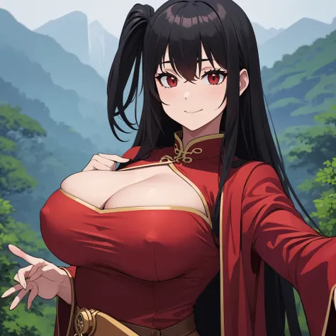 A woman wearing Chinese clothes, in a Chinese landscape, big breasts, black hair, red eyes, smiling.
