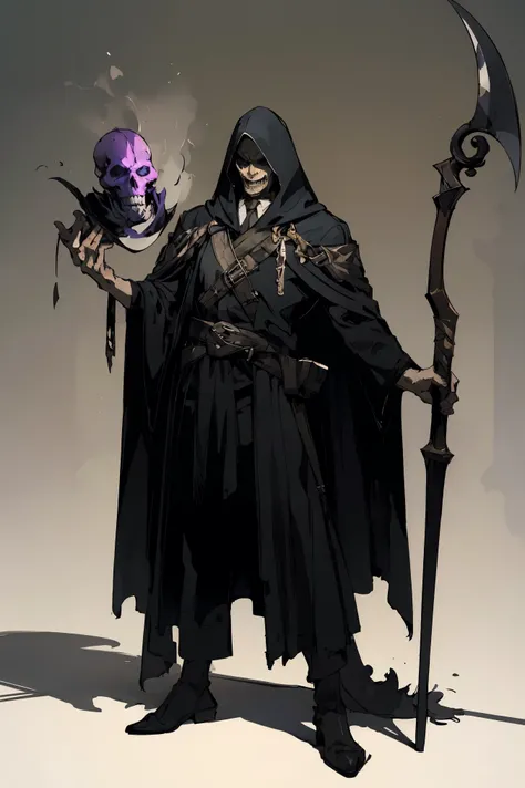 undead mage，wearing a hooded cloak，young，Handsome face，long gray curly hair,sharp piercing gaze，Evil smile，Face shadows，dim background，Light and shadow effects，stand up，Holding a huge scythe，Controlling purple magical energy in his hands，Surrounded by skul...