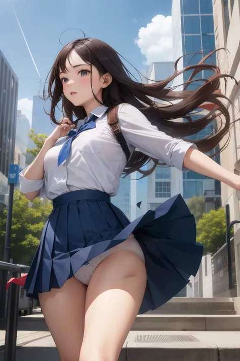 8K, flipping the skirt, white underwear, top quality, masterpiece, super detailed, super high resolution, girl, uniform, navy pleated skirt, strong wind, in the city, holding the skirt flipped up by the wind,