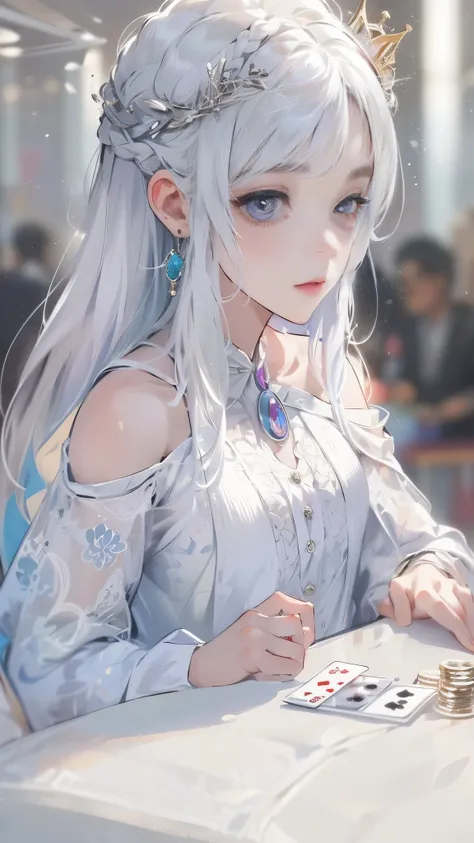 best quality, Very detailed, masterpiece, Super detailed, (Reality: 1.2), 1 girl, (White background), simple background, exquisite eyes, silver hair, purple eyes, hair_decoration, (white off shoulder shirt: 1.3), long hair, Pointy_ear, crown_braid, Poker f...