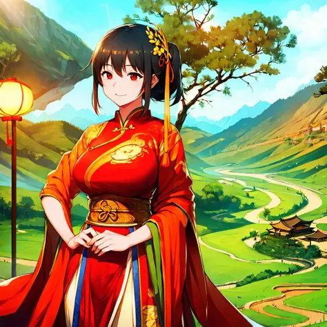 A woman wearing Chinese clothes, in a Chinese landscape, big breasts, black hair, red eyes, smiling.
