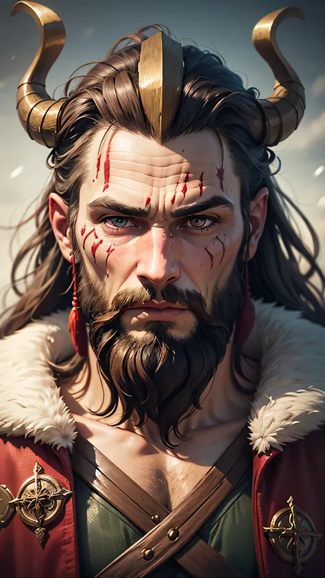 Fechar o rosto do homem nord viking,cabelo longo,cicatrizes,inverno,nasal breathing,Starring on camera,reflexo nos olhos,barba,olhos vermelhos,detalhado,Realista,Arte Nova