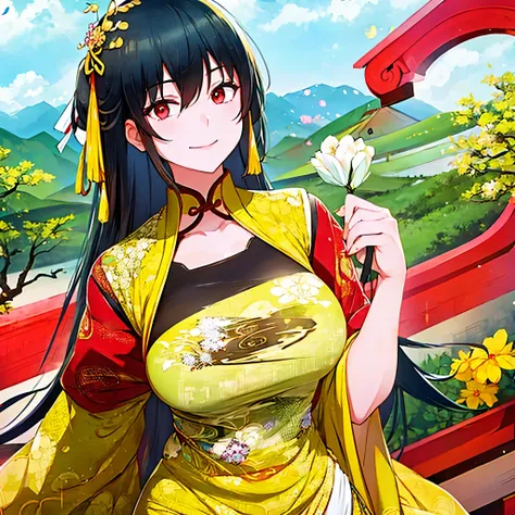 a woman wearing chinese clothes, in a chinese landscape, big breasts, black hair, red eyes, smiling.