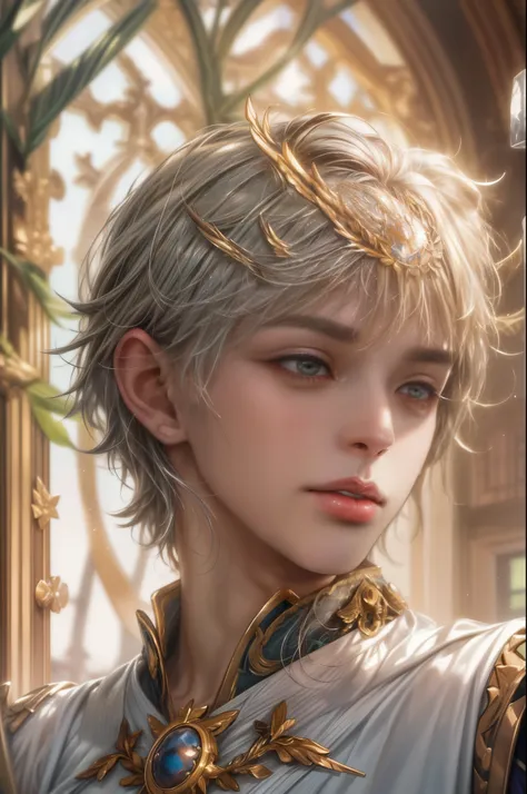 (absurdres, highres, ultra detailed, HDR), masterpiece, best quality, half body portrait of a Valkyrie Anatomia character, kokuyo, arbiter hrist, handsome young boy, short hair, korean handsome face, big eyes, white eyes, detailed scenery of a gnostic mans...